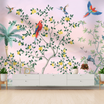 Tropical Parrots Floral Branches Wallpaper