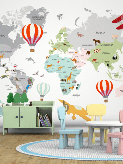 Cartoon World Map Kids Room Wallpaper