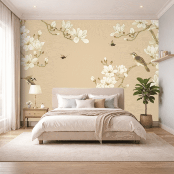 Beige Blossom Birds Serenity Wallpaper