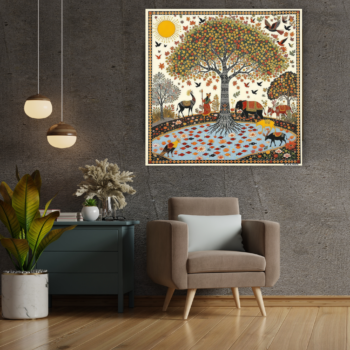 Madhubani Tree Animals Folk Canvas