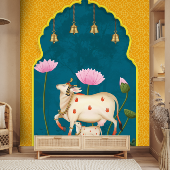 Bright Pichwai Cow Yellow Blue Wallpaper